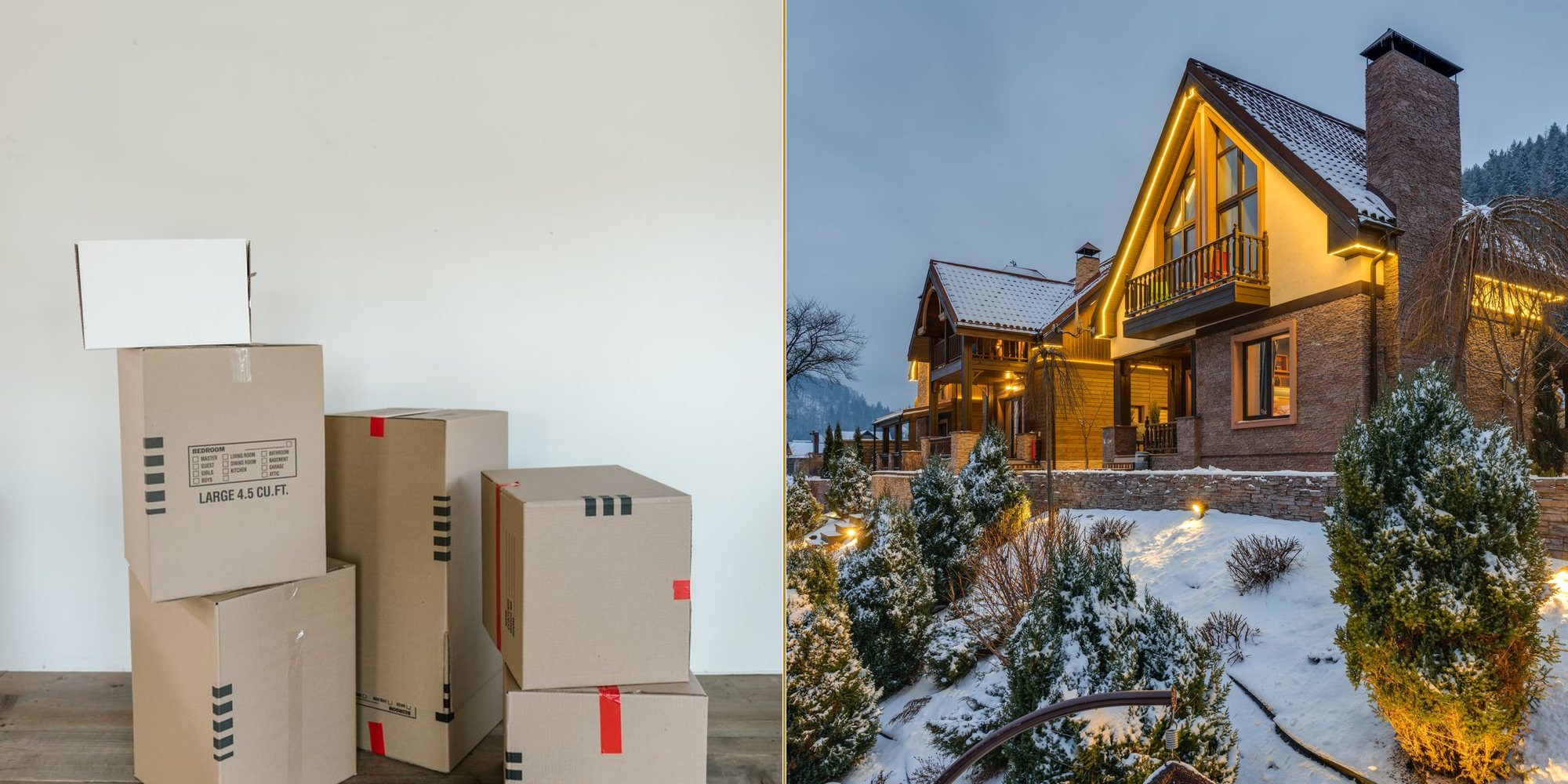 A stack of moving boxes on the left and a mountain home on the right — rent versus buy
